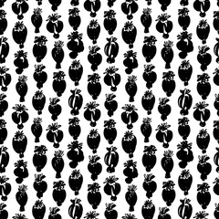 Brush black flower buds vector seamless pattern. Hand drawn black paint ink illustration with abstract floral motif, poppy elements. Hand drawn painting for your fabric, wrapping paper, wallpaper