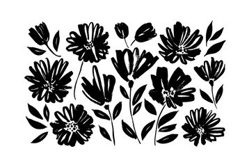 Spring flowers hand drawn vector set. Black brush flower silhouettes. Ink drawing wild plants, herbs or flowers, monochrome botanical illustration. Chamomile, daisy, chrysanthemums isolated cliparts.