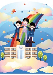 teacher with school children sliding on a rainbow