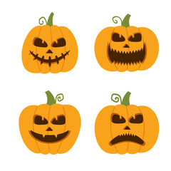 Happy, funny, cute and scary halloween pumpkin set. Holidays cartoon character collection. Vector illustration in flat style.