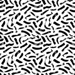 Brush strokes vector seamless pattern. Black paint freehand scribbles, wavy lines, dry brush stroke texture. Chaotic rough smears. Black and white mosaic texture. Hand drawn grunge ink illustration.
