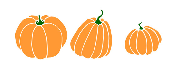 Set of Simple flat color Pumpkin icon isolated on white background. Symbol autumn, crop, fruitful year. Harvest thanksgiving or halloween theme. Hand drawn vector EPS10 illustration
