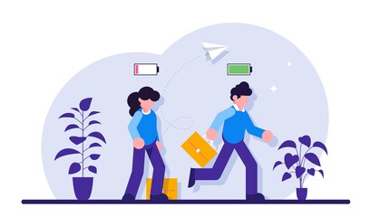 Business concept. Cheerful businessman running with full of energy battery icon and tired businessman slowly walking with low energy battery icon. Modern flat illustration.
