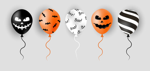 Obraz premium Halloween balloons. Scary air orange, black and white balloons. Creepy face on baloon for sale banners or poster. Holidays cartoon character. Vector illustration in flat style.