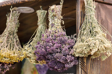 bunch of dried flowers. Hanging bouquets of dried medicinal herbs and flowers. Herbal medicine.