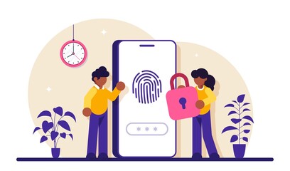 Finger Authentication Concept. Fingerprint screening security system, fraud detection, Biometric access control. Modern flat illustration.