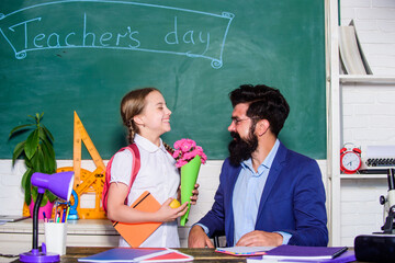 Greetings for school pedagogue. Back to school. Best wishes. Knowledge day congratulations. Girl...