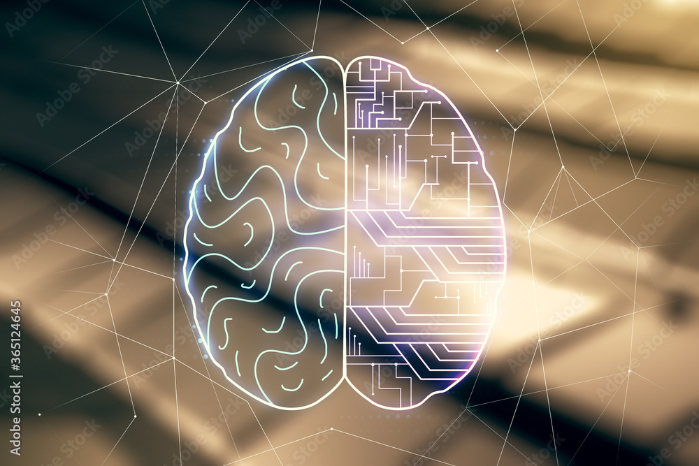 Poster double exposure of creative artificial intelligence interface on blurry metal background. neural net