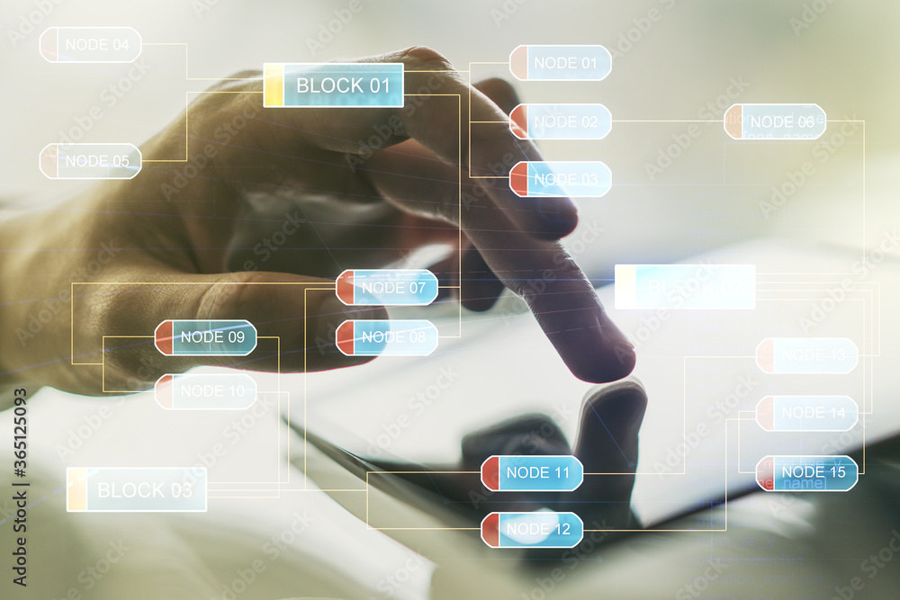 Poster double exposure of abstract programming language hologram with finger clicks on a digital tablet on 