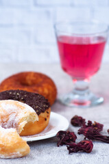 Roselle tea and doughnuts