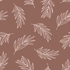 Fototapeta na wymiar Palm leaves Seamless Pattern in a Trendy Minimal Style. Outline of a Tropical palm Background. Jungle Vector Ornament