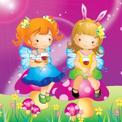 two girls sitting on mushrooms