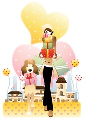 Obraz na płótnie Canvas girl with gifts and a dog