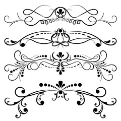 Set of black ornate page decor elements banners, frames, dividers, ornaments and patterns. Modern vintage collection design calligraphy swirl elements. Jpeg illustration