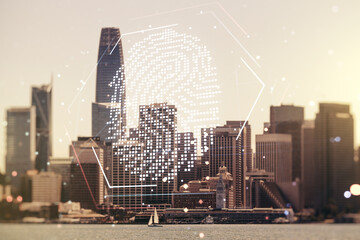 Multi exposure of virtual graphic fingerprint sketch on San Francisco cityscape background fingerprint scan data concept