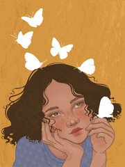 Young dreamy girl and shining butterflies are her thoughts flying away into the distance - 365128254