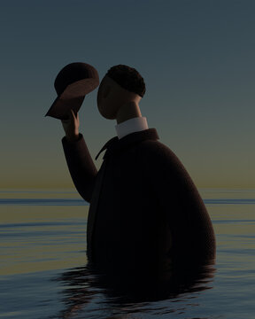 Illustration of man standing in sea during sunset