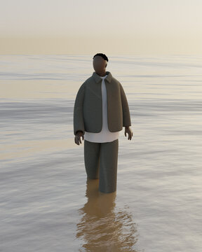 Illustration of man walking in sea during sunset