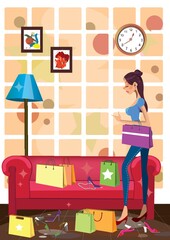 woman in a living room with many shopping bags