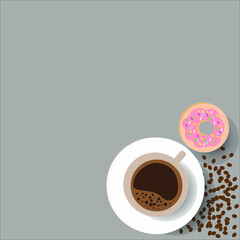 coffee cup with doughnut and coffee bean in flat, minimal design on grey background with copy space