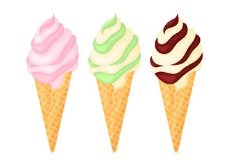 Set of cartoon ice cream with different flavors. Strawberry, pistachio, chocolate ice cream. Vector illustration isolated on a white background.
