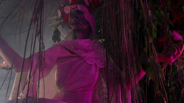 Fabulous stylization of Santa Muerte - Holy Death - modern religious cult. Concept Art fairy tale 4K Footage.