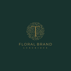 Letter T Circle Floral Botanical Leaf Logo Design