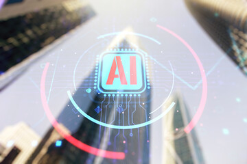 Double exposure of creative artificial Intelligence abbreviation hologram on blurry cityscape...