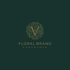 Fototapeta na wymiar Letter V Circle Floral Botanical Leaf Logo Design