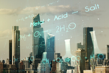 Creative chemistry hologram on Manhattan office buildings background, pharmaceutical research concept. Multiexposure