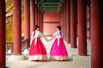 Fototapeta na wymiar Asian girl walk in autumn leaves park and old palace in seoul city