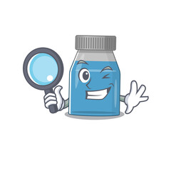 cartoon mascot design of syrup medicine super Detective breaking the case using tools