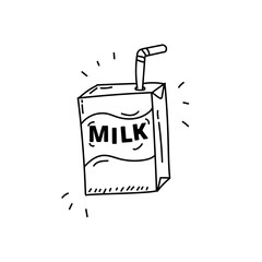 Milk box with straw vector draw in doodle style isolated on white background 