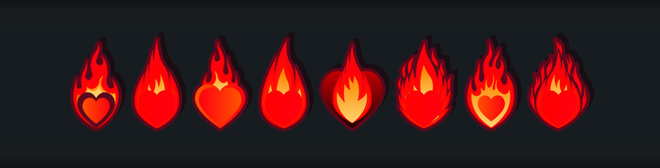 burning heart with fire set. vector illustration