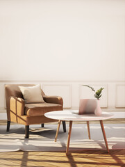 Vintage style living room with beige color wall 3d render. The Rooms have wooden floor and light brown wall. Furnished with brown and white furniture