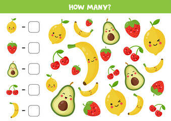 Count the amount of cute kawaii fruits.