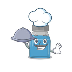 mascot character style of syrup medicine chef serving dinner on tray