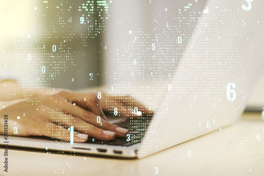 Poster double exposure of abstract programming language hologram with world map and hands typing on laptop 