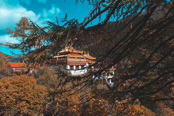 chong gu temple with snow mountain at daocheng,yading,china