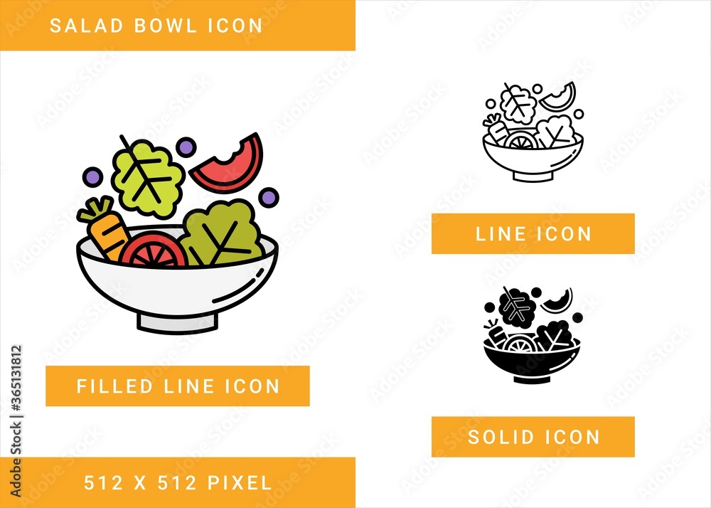 Poster salad bowl icons set vector illustration with solid icon line style. fresh diet nutrition symbol. ed