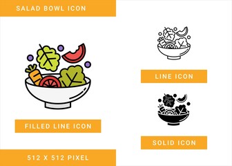 Salad bowl icons set vector illustration with solid icon line style. Fresh diet nutrition symbol. Editable stroke icon on isolated white background for web design, user interface, and mobile app