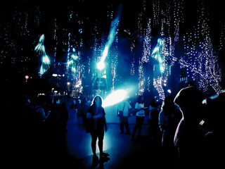 Fototapeta na wymiar crowd of people dancing in the lights