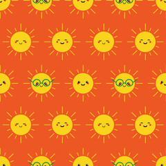 Cute smiling sun characters vector seamless pattern background.
