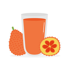 Cute cartoon vector illustration with gac fruit or baby jack fruit and glass of juice. Trendy asian superfood concept.