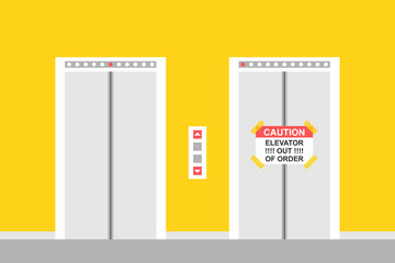 Hall vector illustration with two elevator doors. Working elevator and elevator out of order with caution banner.