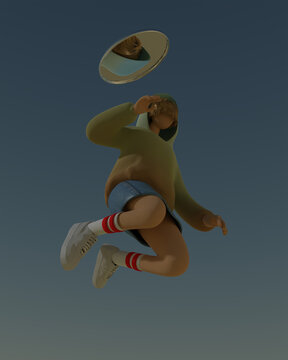 Illustration of woman jumping with mirror