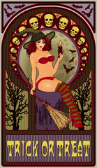 Sexy witch with candle, art nouveau greeting card, vector illustration