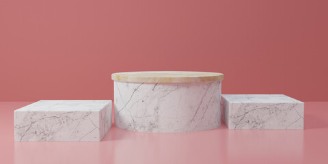 Mockup podium for product presentation, winner podium,  marble and gold cylinder podium background, 3d render, 3d illustration