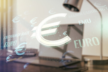 Creative EURO USD symbols illustration on modern computer background, forex and currency concept. Multiexposure