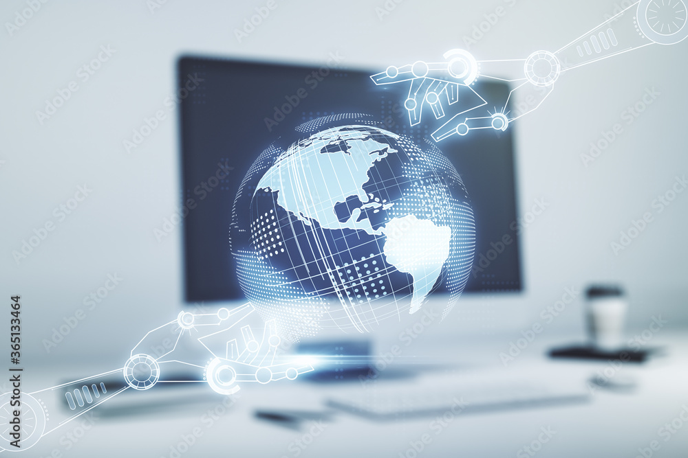 Poster double exposure of robotics technology with world map hologram on laptop background. research and de